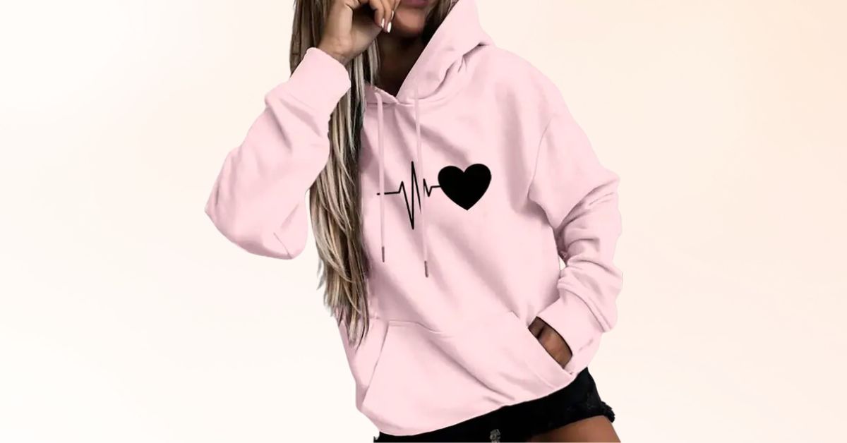 Women Heart Print Drawstring Warm Pullover Spring Hoodie