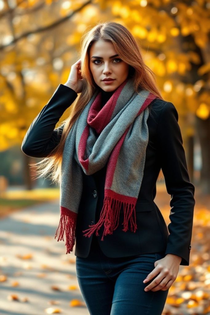 wearing a trendy fall outfit complemented by a skinny scarf