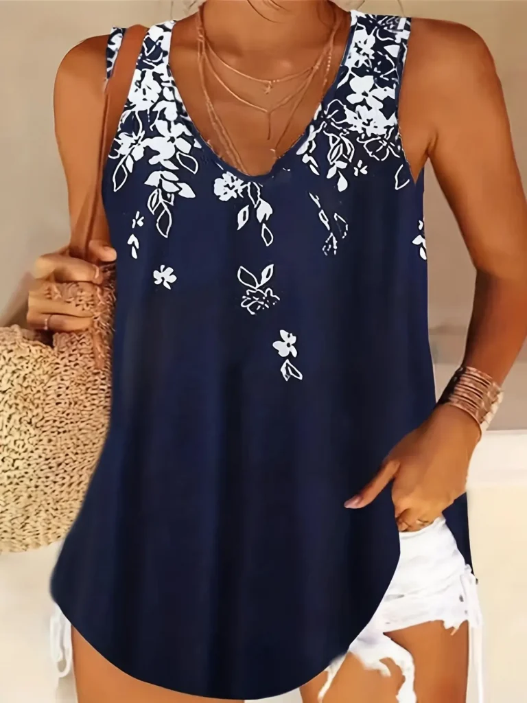 01. Women's V Neck Sleeveless Tank Top with Floral Pattern