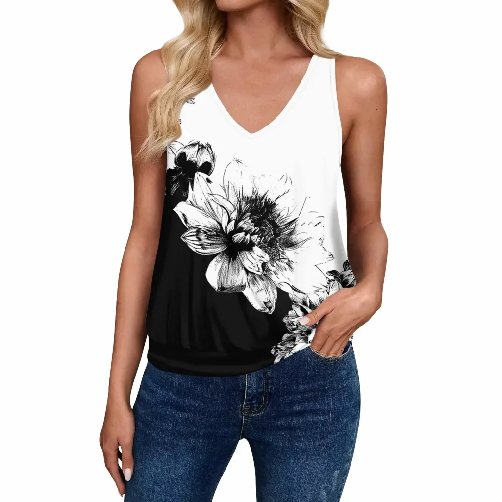 04. Casual Loose Fit Floral V Neck Tank Top for Women